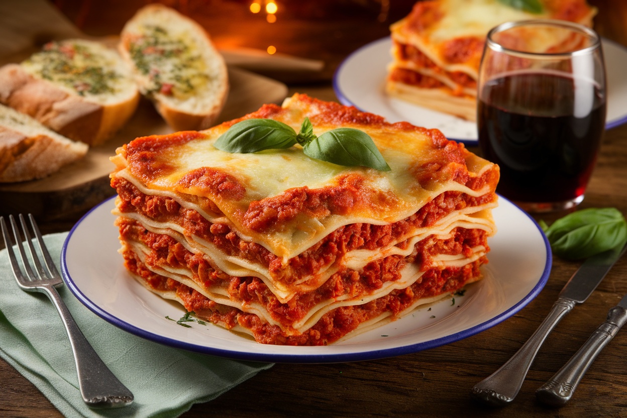 Layered Italian lasagna with meat sauce and melted cheese on a rustic table with garlic bread and wine.